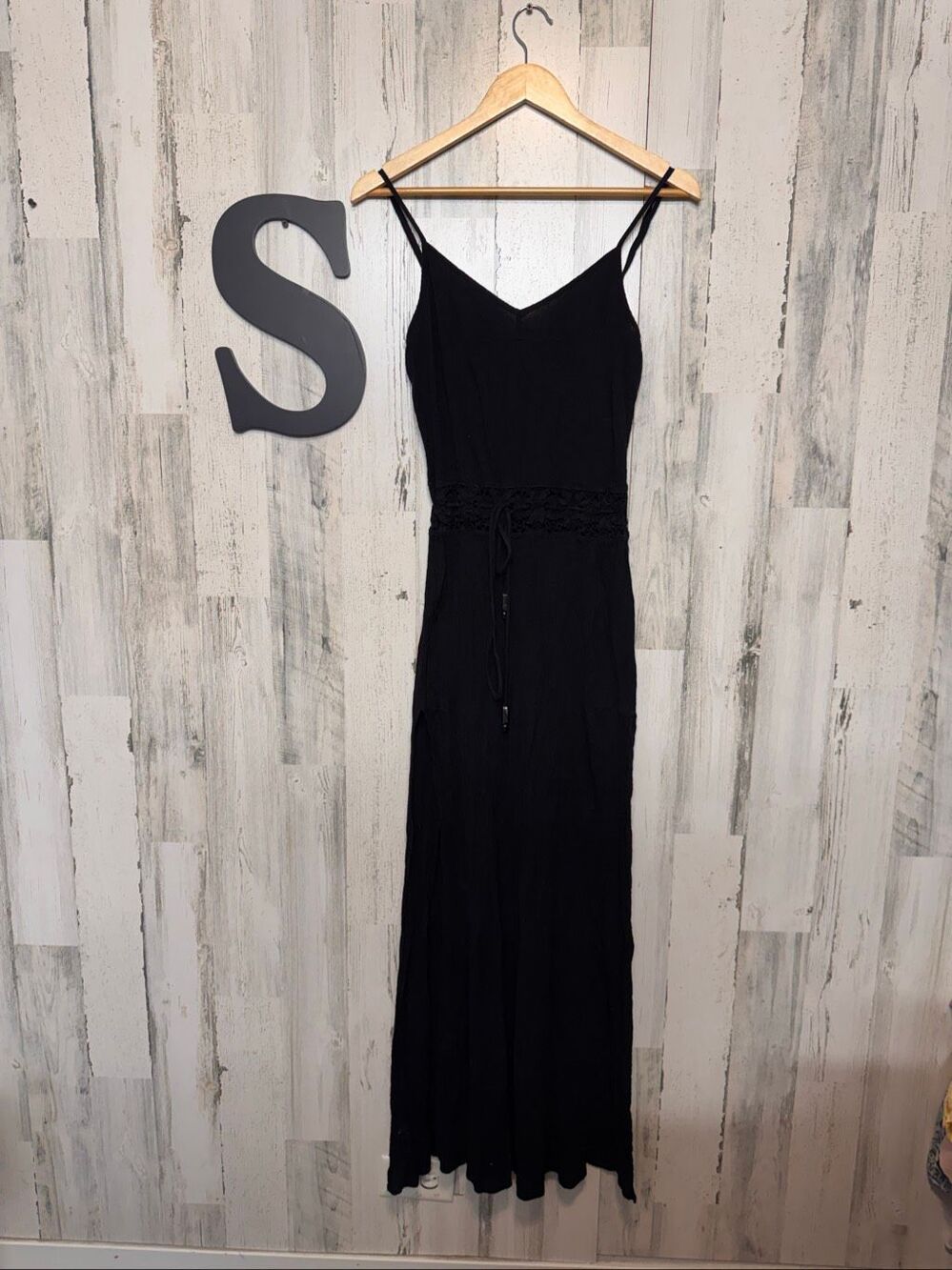 Michelle Jonas Black Gauze Crochet Waist Maxi Dress Womens Small Double Leg Slit